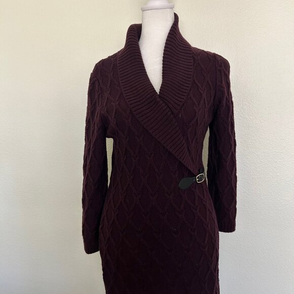 Ellen Tracy Purple Cable Knit Sweater Dress Shawl Collar Buckle Detail SZ PM - Picture 1 of 9